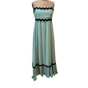 Rhea & Thea Women's M Mint Green Ruffle Maxi Dress‎ with Black Ric Rack Trim NWT